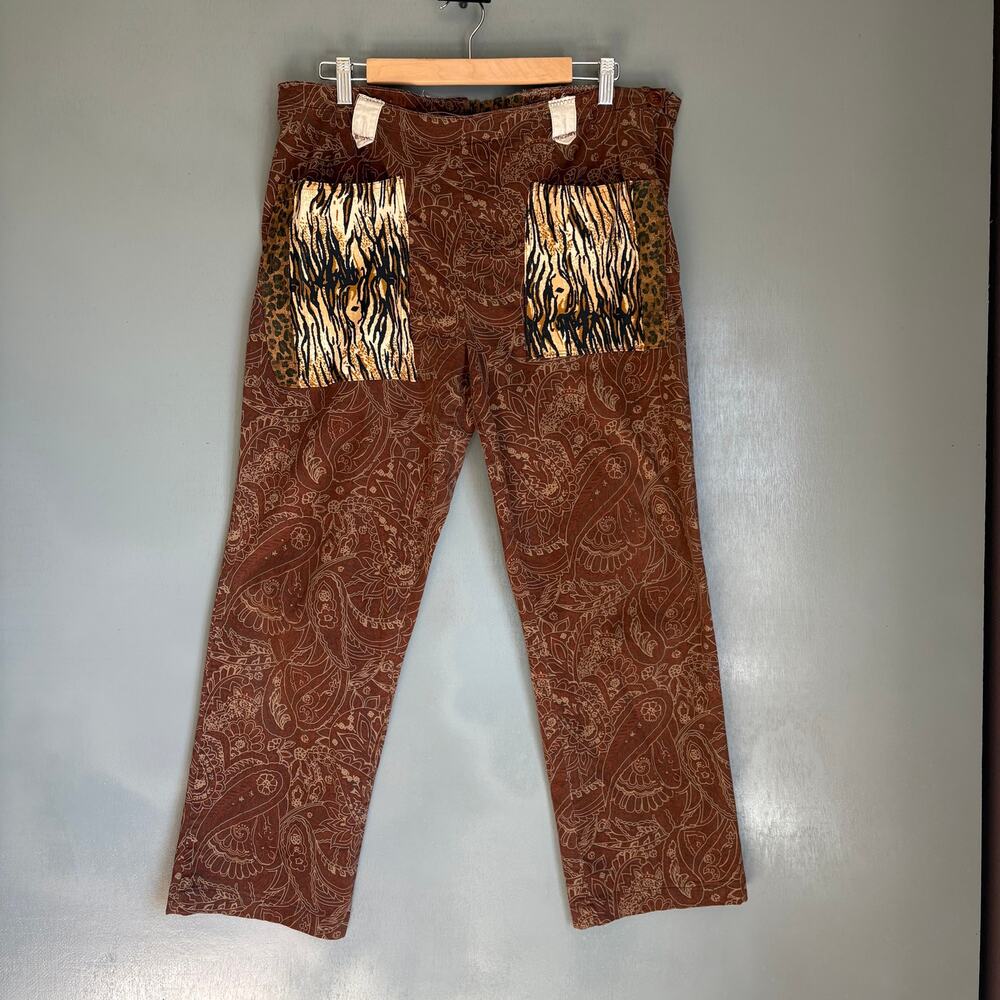 Custom Women's 4 Brown Cotton Paisley Animal Print Ankle Pants Unique Hippie